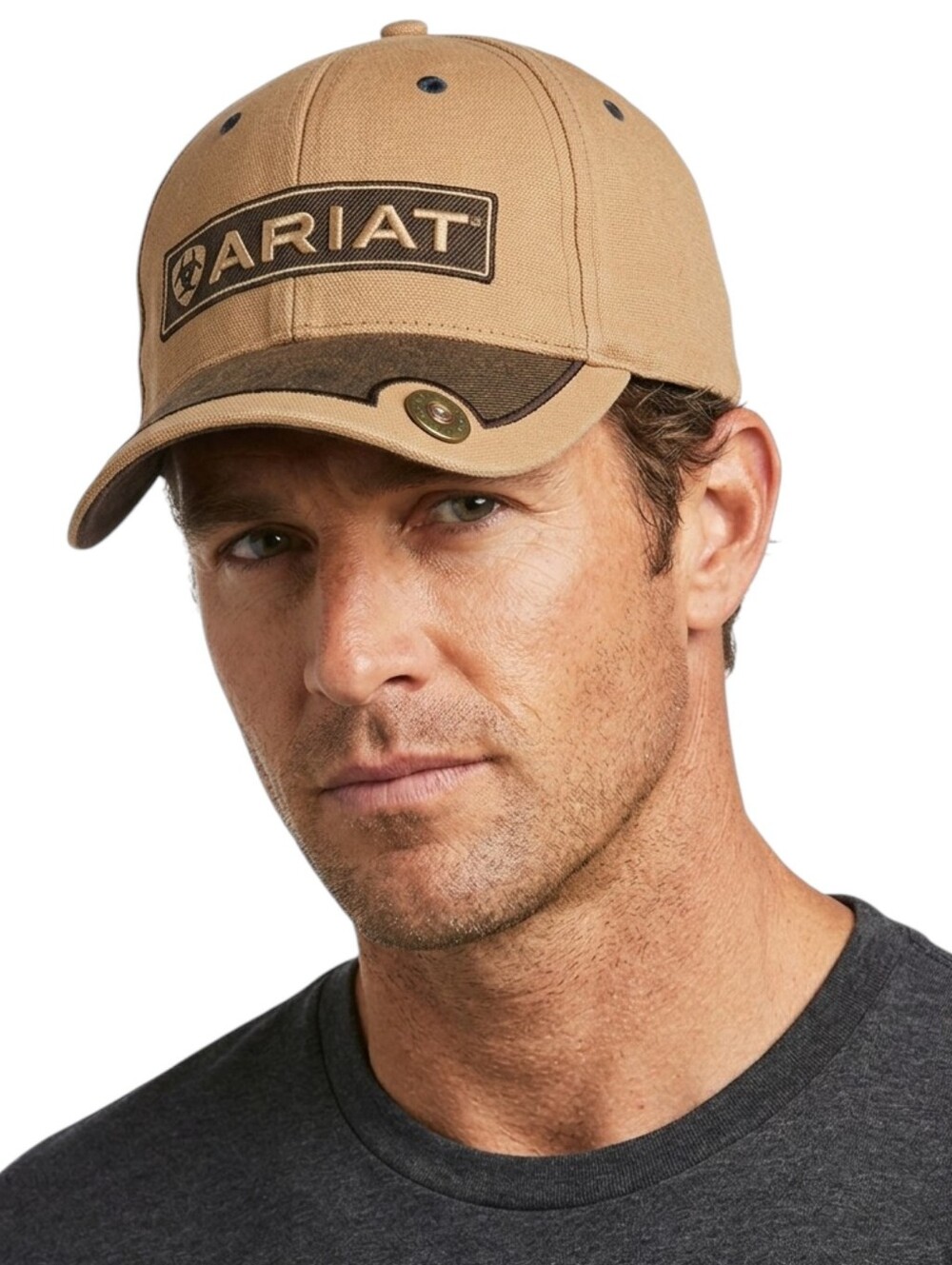 Ariat Men's 12 Gauge Shotgun Shell Canvas Baseball Cap Hat, Tan & Brown Snapback